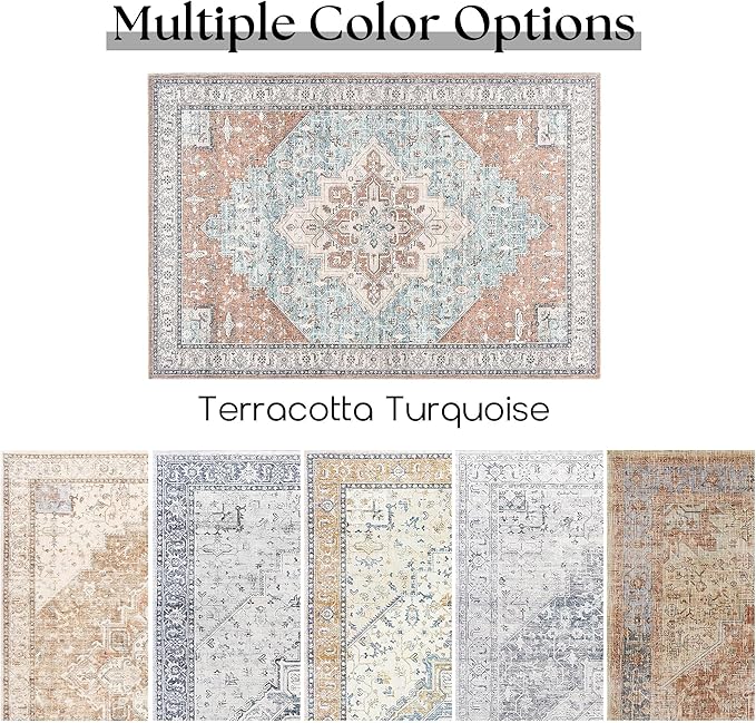 Washable Entryway Rugs Indoor,3x5 Area Rug Non Slip Bohemian Vintage Throw Rugs Thin Front Door Mat Entrance Doormat,Terracotta Rust Burnt Orange and Turquoise