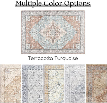 Washable Entryway Rugs Indoor,3x5 Area Rug Non Slip Bohemian Vintage Throw Rugs Thin Front Door Mat Entrance Doormat,Terracotta Rust Burnt Orange and Turquoise