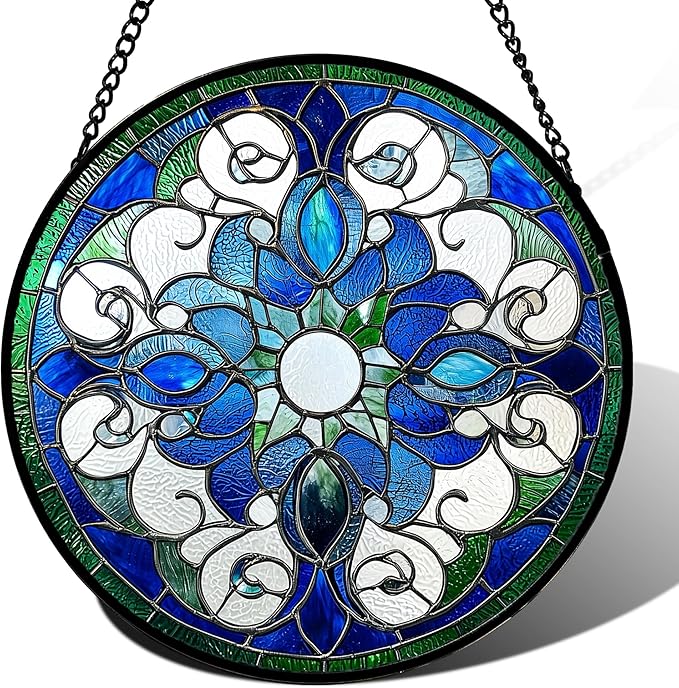 Stained Glass Window Hanging, Boho Style Sun Catchers Diamond Glass Panel Hangings Tiffany Suncatcher Decor for Birthday for Women, Men, Wife, Aunt, and Mom 14.9x14.9 in