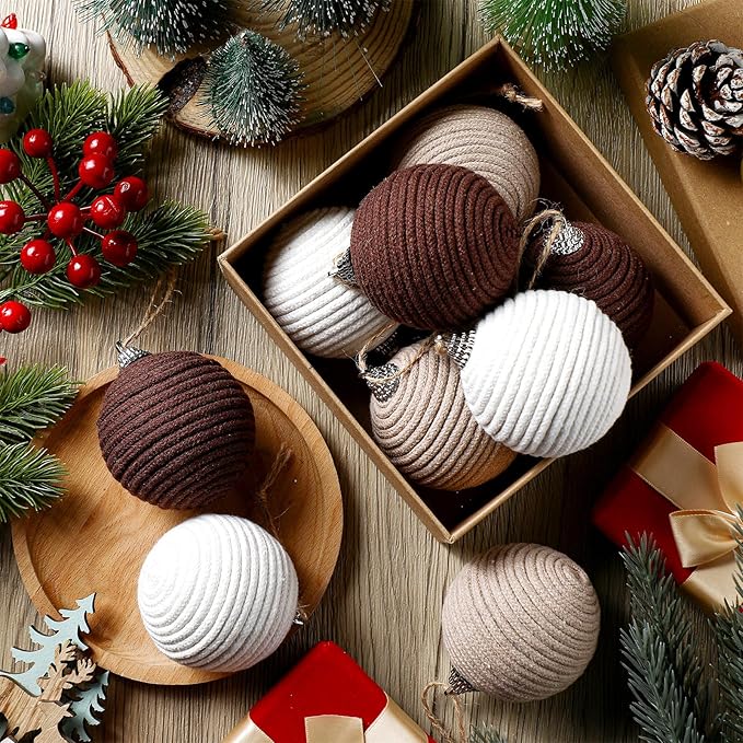 Syhood 9Pcs 9 Pcs 2.36 Inch Christmas Ball Ornaments Boho Farmhouse Jute Rope Hanging Balls Burlap Neutral Rustic Ornaments for Xmas Tree Holiday Wreath Garland Wedding Home(White,Beige,Dark Brown)