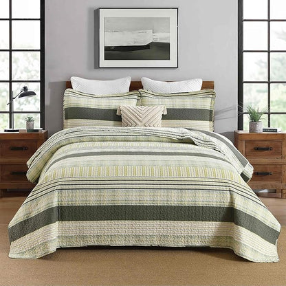 Homzard King Quilt - Cotton Comforter Set King Size, Army Green Yellow Striped Quilt Set,Olive Green Plaid Bedding Bedspread, Lightweight Farmhouse Bedding Set 3 Pieces All Season
