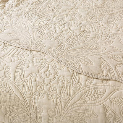 HoneiLife Quilt Set King Size - 3 Piece Embroidered Microfiber Bedspread Reversible Coverlet Lightweight Bedcover Paisley Pattern Bedding Set All Season Quilts-Khaki