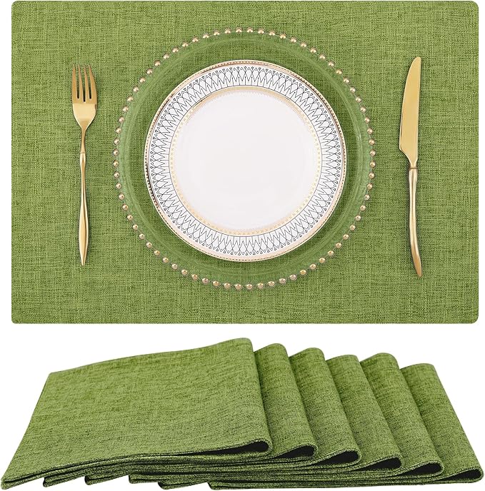 homing Grass Green Cloth Placemats for Dining Table Set of 6 – Cotton Linen Blend Washable Farmhouse Kitchen Mats for Indoors & Outdoors - Easy to Clean 13 x 19 Inch