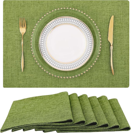 homing Grass Green Cloth Placemats for Dining Table Set of 6 – Cotton Linen Blend Washable Farmhouse Kitchen Mats for Indoors & Outdoors - Easy to Clean 13 x 19 Inch
