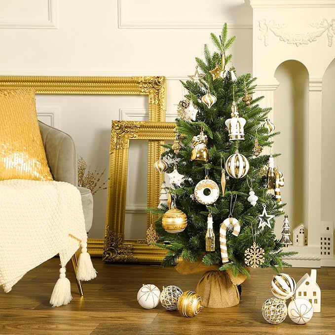 SHareconn 70pcs 2025 Classic Christmas Balls Ornaments Set, Shatterproof Plastic Baubles, Ribbon and Tree Topper for Xmas Tree Holiday Wedding Party Decorations with Hanging Strings, White and Gold