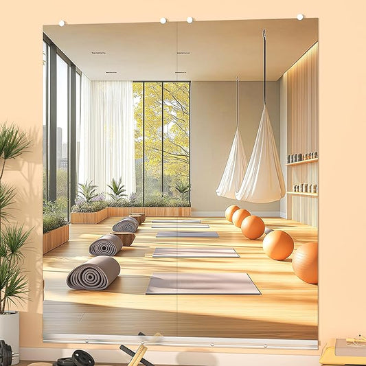 Hasipu Home Gym Mirror, 63"x28" Each, 2-Pack Frameless Wall Mounted Mirrors with Glass Clamps & Aluminum Rail, Large Body Mirror for Home Gym, Yoga Studio, Bedroom, Silver Tempered Glass