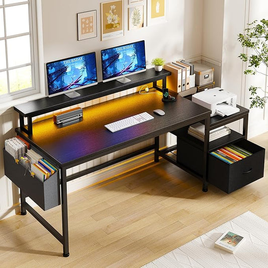 EnHomee 57" Computer Desk with Drawers and Printer Space,Office Desk with Power Outlets,Home Office Desks with File Drawers Cabinet,Study Writing and Gaming Desk with Shelves Monitor Stand,Black