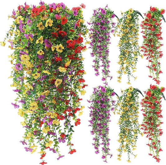 6 Pcs Artificial Fall Hanging Flowers Outdoor Silk Mum Plants Autumn Decor Faux Violet with Eucalyptus Realistic UV Resistant Trailing Vine Thanksgiving Porch Yard(Classic Color,Violet)