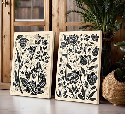 2 Pcs Boho Abstract Floral Canvas Wall Art Modern Minimalist Neutral Beige and Black Floral Botanical Wall Decor Poster Print Artwork for Living Room Bedroom Office Home Decoration