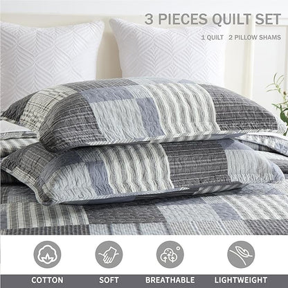 Homzard Quilt King Size - Grey Cotton Quilt Bedding Set,Gray White Plaid Comforter Set, Farmhouse Bedspread for King Size Bedding (106 * 98 Inches),3 Piece