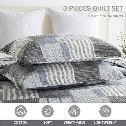 Homzard Grey Comforter Set,Cotton Plaid Striped Quilts Queen Size for The Bed,Reversible Geometric Queen Size Bedspread with 2 Pillow Shams,Lightweight 3 Piece Bedding All Season