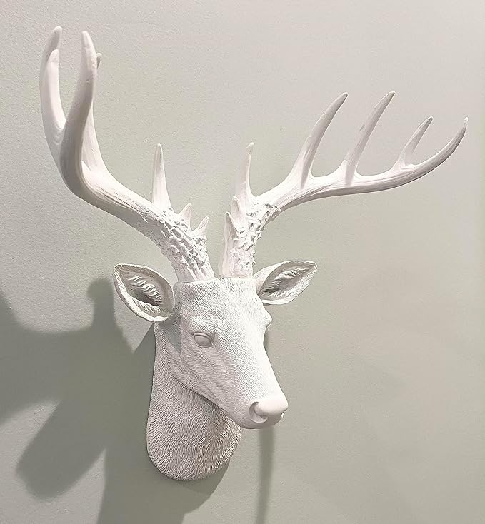 Top Brass 12 1/2" Faux White Deer Head/White Antlers Wall Decor - Modern Minimalism Taxidermy Art Sculpture