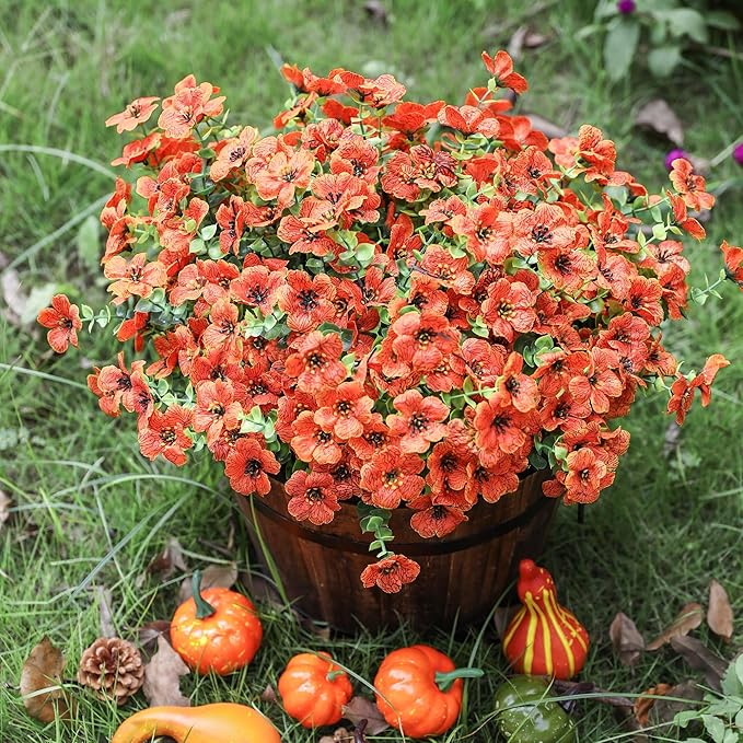 Artificial Fall Flowers Faux Mums for Outdoor Indoor Garden Home Decoration, Faux Flower Daisy with Eucalyptus Leaves Fake Mums Plants Greenery Boxwood Porch Patio, 12 Bundles (Orange)