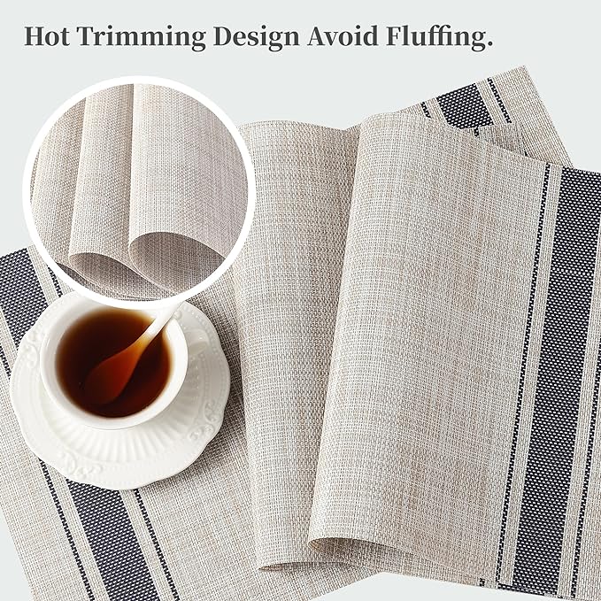 Leetaltree Khaki-Blue Placemats, Heat Resistant Non-Slip Place mats for Dining Table, Washable Durable PVC Vinyl Woven Table Mats (Set of 12)