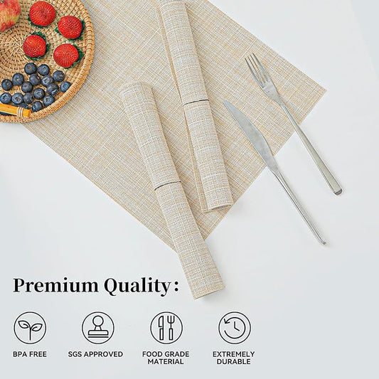 Leetaltree Beige Placemats Set of 6 - Heat Resistant Non-Slip Place mats for Dining Table, Washable Durable PVC Vinyl Woven Table Mats（Beige, 6）