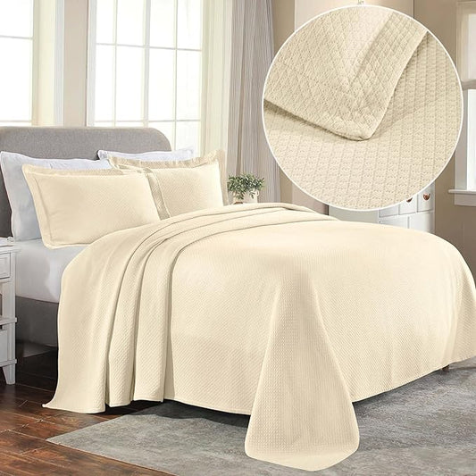 Superior Solitaire Cotton 3 Piece Bedspread Set, Home Bed Decor, Decorative Textured Bed Spread, 2 Pillow Shams, Airy Blanket, Matelasse Coverlet Bedding, All-Season Accent Blanket, Full, Ivory