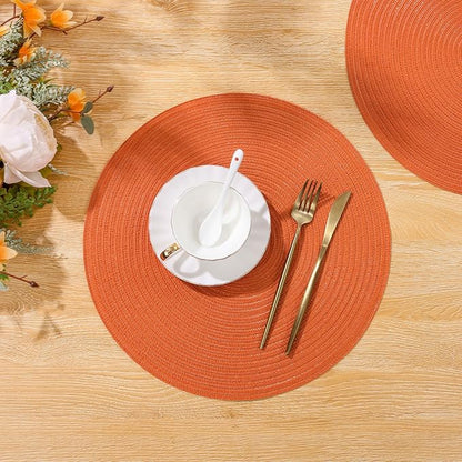SHACOS Round Placemats Set of 6 Polyester 15 inch Round Braided Place Mats Washable Non Slip Kitchen Dining Table Mats Autumn Fall Placemats Decor, Bright Orange
