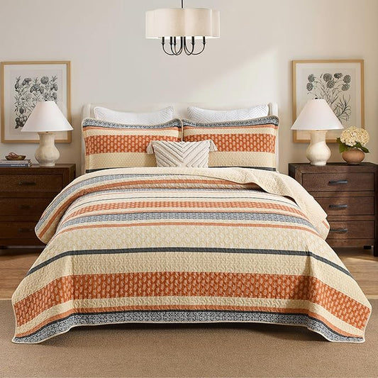 Homzard Quilt King Size, Cotton Orange Gray Black Striped Quilt Bedding Set,Floral Comforter Set King Size,Fall Lightweight Bedspread with Shams,3 Piece All Season