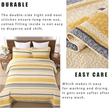 Homzard Quilt Cotton Queen Quilt Bedding Set,Yellow Black Grey Queen Size Comforter Set,Striped Bedspread Queen Size, Lightweight Farmhouse Bed Set Cover All Season 3 Pieces