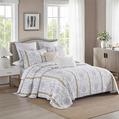 Homzard Quilts Queen Size - Cotton Comforter Set,White Grey Yellow Striped Quilt Bedspread Set,Paisley Bedding Queen Size and Two Pillow Shams