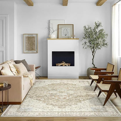 4x6 Boho Neutral Living Room Rug Washable Vintage Rustic Persian Farmhouse Style Easy to Clean Stain Resistant Area Rugs for Dining Room, Light Tan Brown and Beige