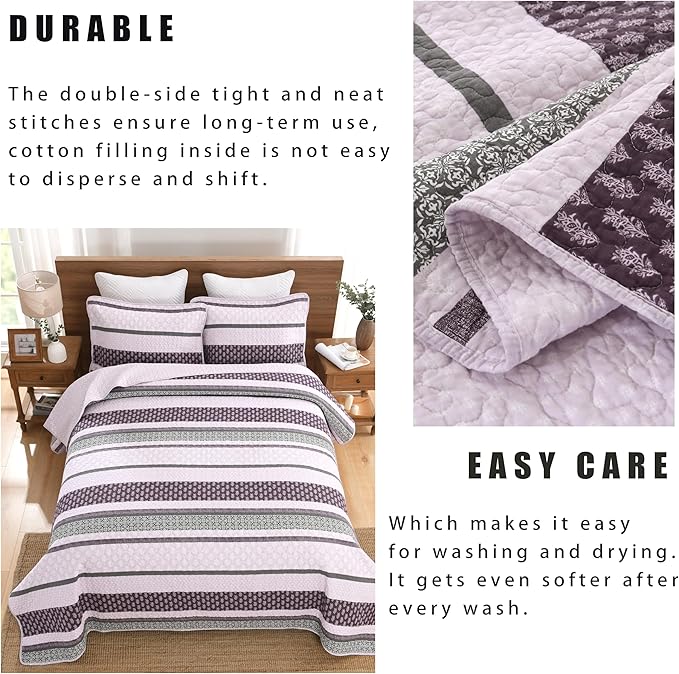 Homzard King Size Comforter Set, Cotton Quilt, Purple and Grey Bedding Set, Lightweight Striped Bedspread, Reversible Coverlet King Size (106"X98") with 2 Pillow Shams All Season