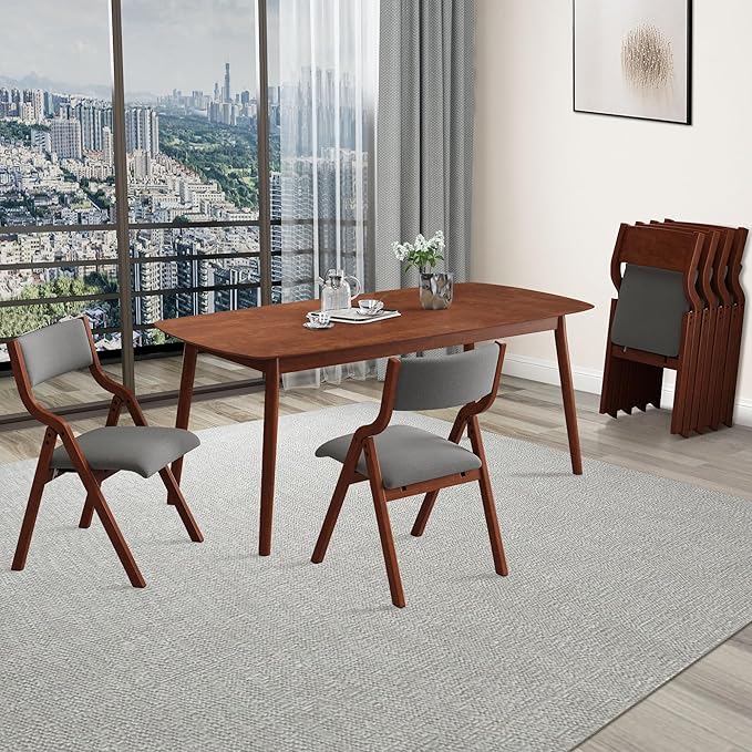 Folding Dining Chairs Set of 2, Upholstered Kitchen Chair with Padded Seat & Backrest, Modern Side-Chair with Wood Legs,No Assembly Needed,Dark Grey+Cherry