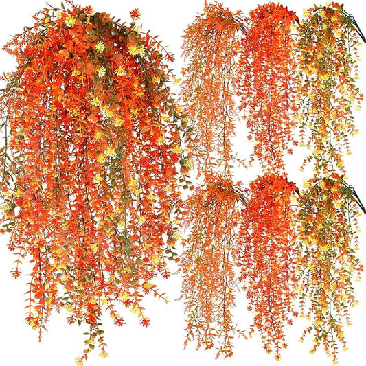 6 Pcs Artificial Fall Hanging Flowers Outdoor Silk Mum Plants Autumn Decor Faux Violet with Eucalyptus Realistic UV Resistant Trailing Vine Thanksgiving Porch Yard(Vivid Color,Eucalyptus)