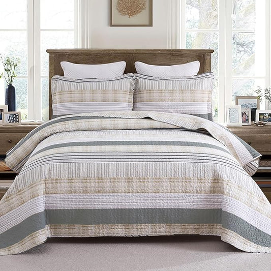Homzard Twin Quilt, Cotton Comforter Set, Cream Grey Quilt Bedding,Reversible Lightweight Twin Bedspread,2 Pieces