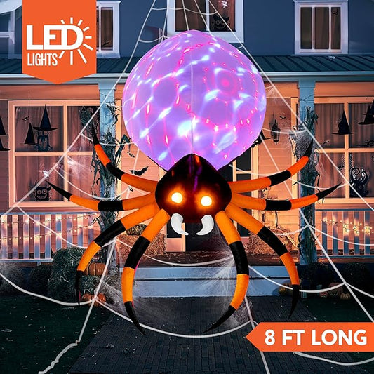 JOYIN 8 FT Halloween Inflatable Giant Spider Outdoor Decorations, Blow Up Spider Yard Decorations with Rotating Colorful Light and Glowing Eyes for Halloween Party Lawn Garden Outside Decor