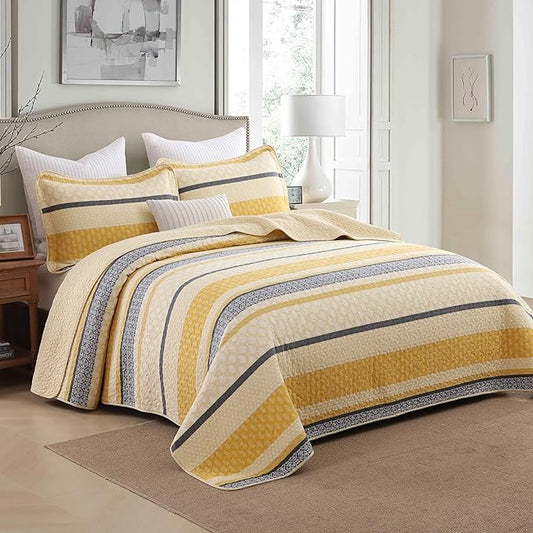 Homzard Quilt Cotton Queen Quilt Bedding Set,Yellow Black Grey Queen Size Comforter Set,Striped Bedspread Queen Size, Lightweight Farmhouse Bed Set Cover All Season 3 Pieces