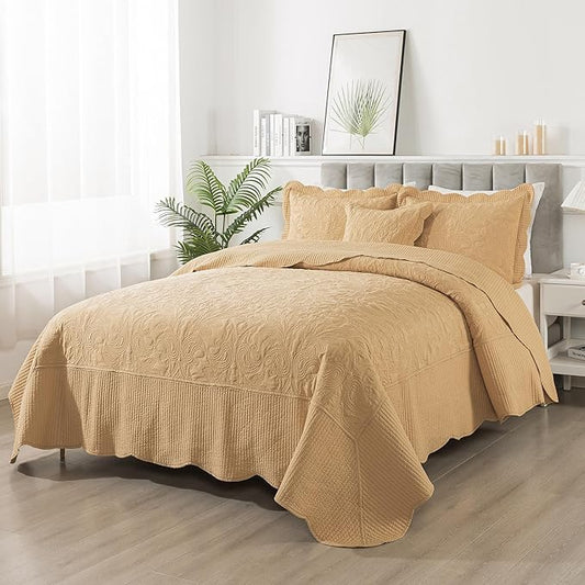 HoneiLife California King Quilt 128x120 - Oversized King Bedspreads 4-Piece,Rustic Bedding Sets Quilted,Reversible Coverlets Lightweight Bed Cover for All Season Use-Yellow