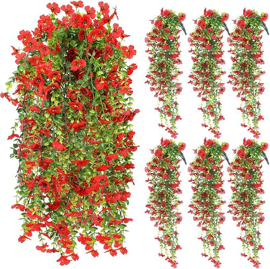 6 Pcs Artificial Fall Hanging Flowers Outdoor Silk Mum Plants Autumn Decor Faux Violet with Eucalyptus Realistic UV Resistant Trailing Vine Thanksgiving Porch Yard(Red,Violet)