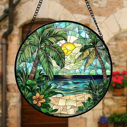 Stained Glass Window Hanging, Green Beach Scenery Suncatcher Diamond Glass Panel Hangings Sun Catchers Decor for Birthday for Women, Men, Wife, Aunt, and Mom 11.8x11.8 in