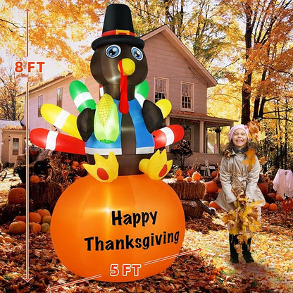 B&D 8FT Thanksgiving Inflatables Turkey Sitting on Pumpkin, Blow up Turkey Thanksgiving Decorations Outdoor Built-in LEDs Autumn Fall Harvest Decorations for Holiday Yard Lawn Garden Patio Decor