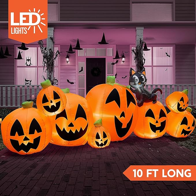 Joiedomi 10 FT Long Halloween Inflatables Outdoor Decorations, Blow Ups Inflatable Pumpkin for Yard with Witch's Cat, 8 Pcs Blow Up Pumpkin Decor for Halloween Decorations Outside