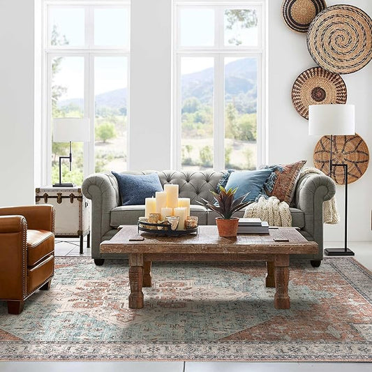 Rust Terracotta and Turquoise Blue Bedroom Rug 6x9 Washable Low Pile Woven Retro Bohemian Decor Vintage Southwestern Boho Decorative Western Area Rugs for Living Room Dining Room