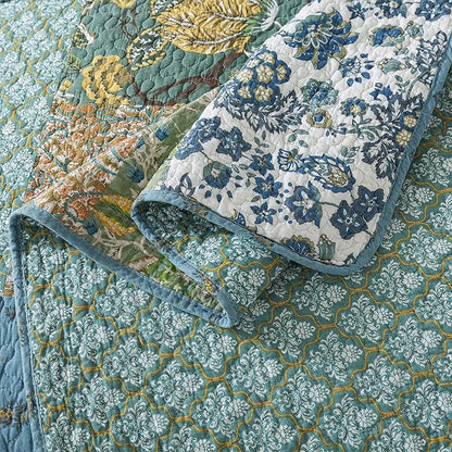 NEWLAKE Cotton Patchwork Bedspread, 3-Piece Bedding Quilt Set with Real Stitched Embroidery, Reversible Matelasse Bed Coverlet Set,Green Farmhouse Garden,Twin Size