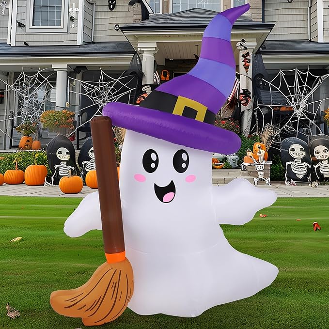 JOYIN 6 FT Tall Halloween Inflatables Ghost Outdoor Decorations, Cute Blow Up Ghost Holding Broom with LED, Blow Up Yard Decorations for Halloween Outdoor Yard Garden Lawn Party Decor