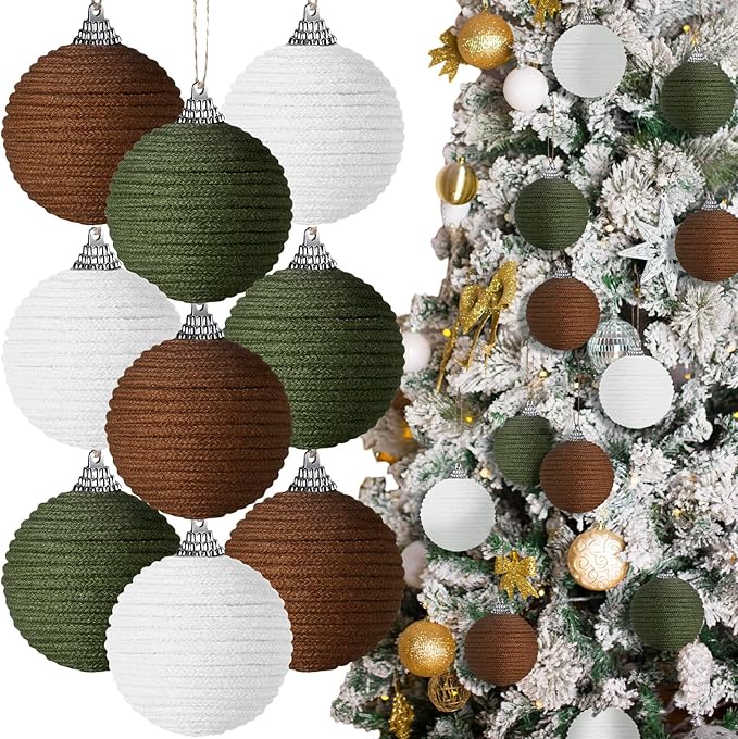 Syhood 9 Pcs 2.36 Inch Christmas Ball Ornaments Boho Farmhouse Jute Rope Hanging Balls Burlap Neutral Rustic Ornaments for Xmas Tree Holiday Wreath Garland Wedding Home(White, Green, Light Brown)