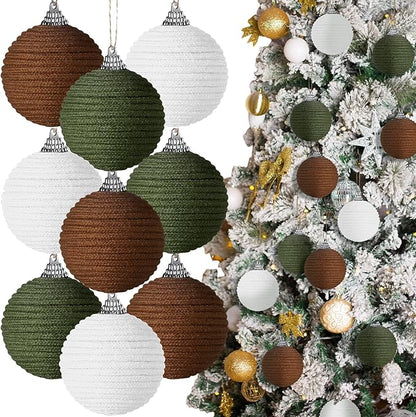 Syhood 9 Pcs 2.36 Inch Christmas Ball Ornaments Boho Farmhouse Jute Rope Hanging Balls Burlap Neutral Rustic Ornaments for Xmas Tree Holiday Wreath Garland Wedding Home(White, Green, Light Brown)