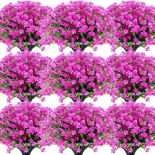 Hoteam 50 Bundles Outdoor Artificial Flowers Plants Uv Resistant Outside Faux Flowers Plastic Fake Plants Outdoor Summer Fall Four Seasons Decoration Shrubs Garden Porch Box, Purple Red