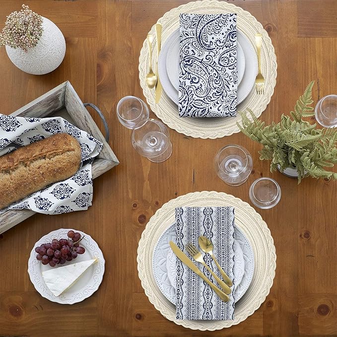 SHACOS Round Placemats Set of 6 Boho Braided Bordered Placemats 15 inch for Dining Tables Wedding Holiday Party (Ivory Bordered, 6)