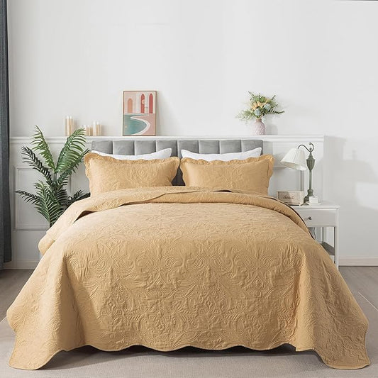 HoneiLife Queen Quilt Bedding Set - 3 Pieces Microfiber Quilt Sets Lightweight Bedspreads Reversible Coverlets Retro Bed Cover Paisley Pattern Bedding Set All Season Quilts-Yellow