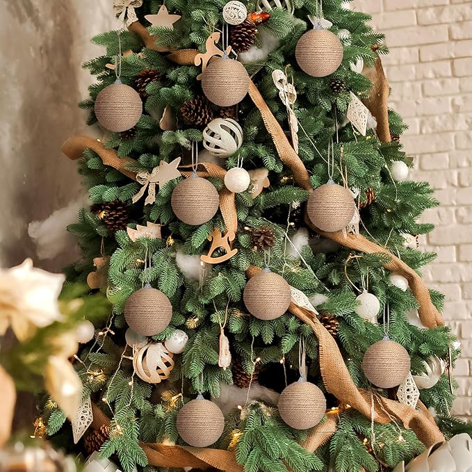 Syhood 6pcs Christmas Ball Ornaments Boho Farmhouse Jute Rope Hanging Xmas Balls Burlap Neutral Rustic Ornaments for Xmas Tree Holiday Wreath Garland (3.15 Inches,Linen)