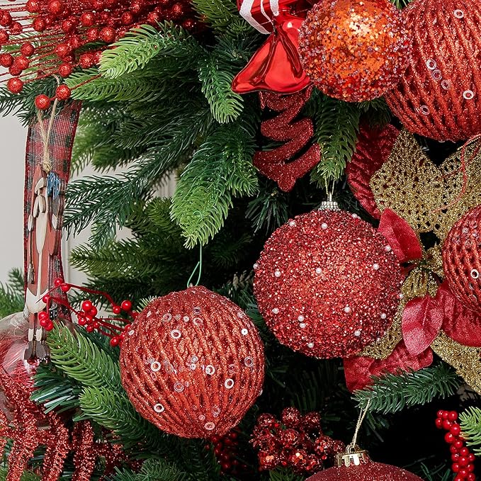 3.15" Christmas Ball Ornaments Glitter Shatterproof Christmas Tree Ornaments Sequin Xmas Hanging Balls Decorations for Wedding Party Holiday(Red, 12pc-8cm)