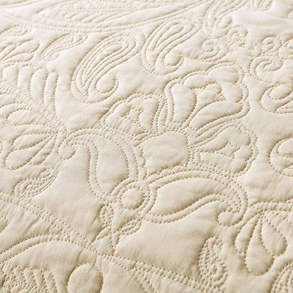 HoneiLife Quilt Set King Size - 3 Piece Embroidered Microfiber Bedspread Reversible Coverlet Lightweight Bedcover Paisley Pattern Bedding Set All Season Quilts-Khaki