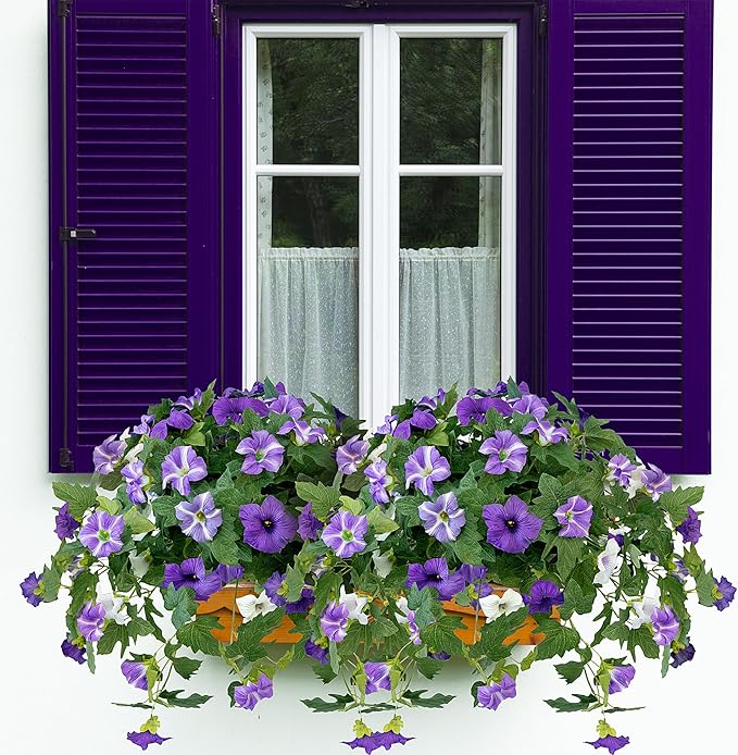 Artificial Flowers for Outdoors, 2PCS Realistic Fake Silk Petunias UV Resistant No Fade Spring Floral, Faux Flowers for Outdoor Garden Windowsill Patio Porch Home Decor, Purple White