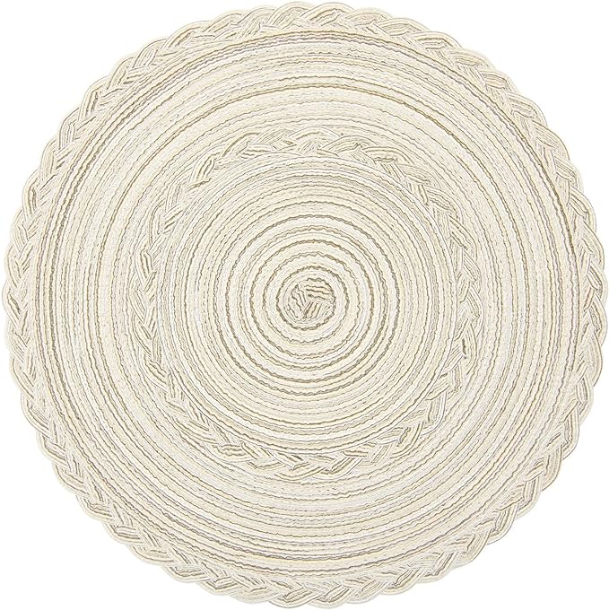 SHACOS Boho Round Placemats Set of 8 Braided Border Round Place Mats 15 inch Washable Dining Table Mats for Home Wedding Holiday Party (Ivory Bordered, 8)