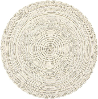 SHACOS Boho Round Placemats Set of 8 Braided Border Round Place Mats 15 inch Washable Dining Table Mats for Home Wedding Holiday Party (Ivory Bordered, 8)